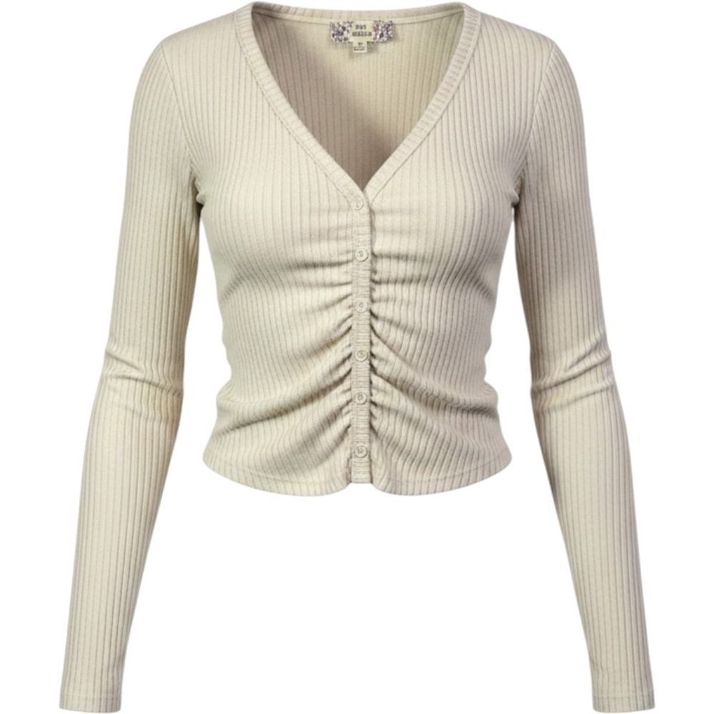 Pink Republic Sahara Wind Ribbed Ruched Button Front Long Sleeve Top XS